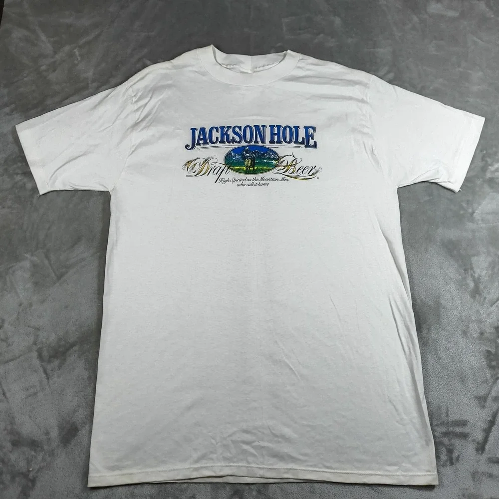 Vintage Jackson Hole Draft Beer Shirt Mens XL White Miller Single Stitch USA 80s